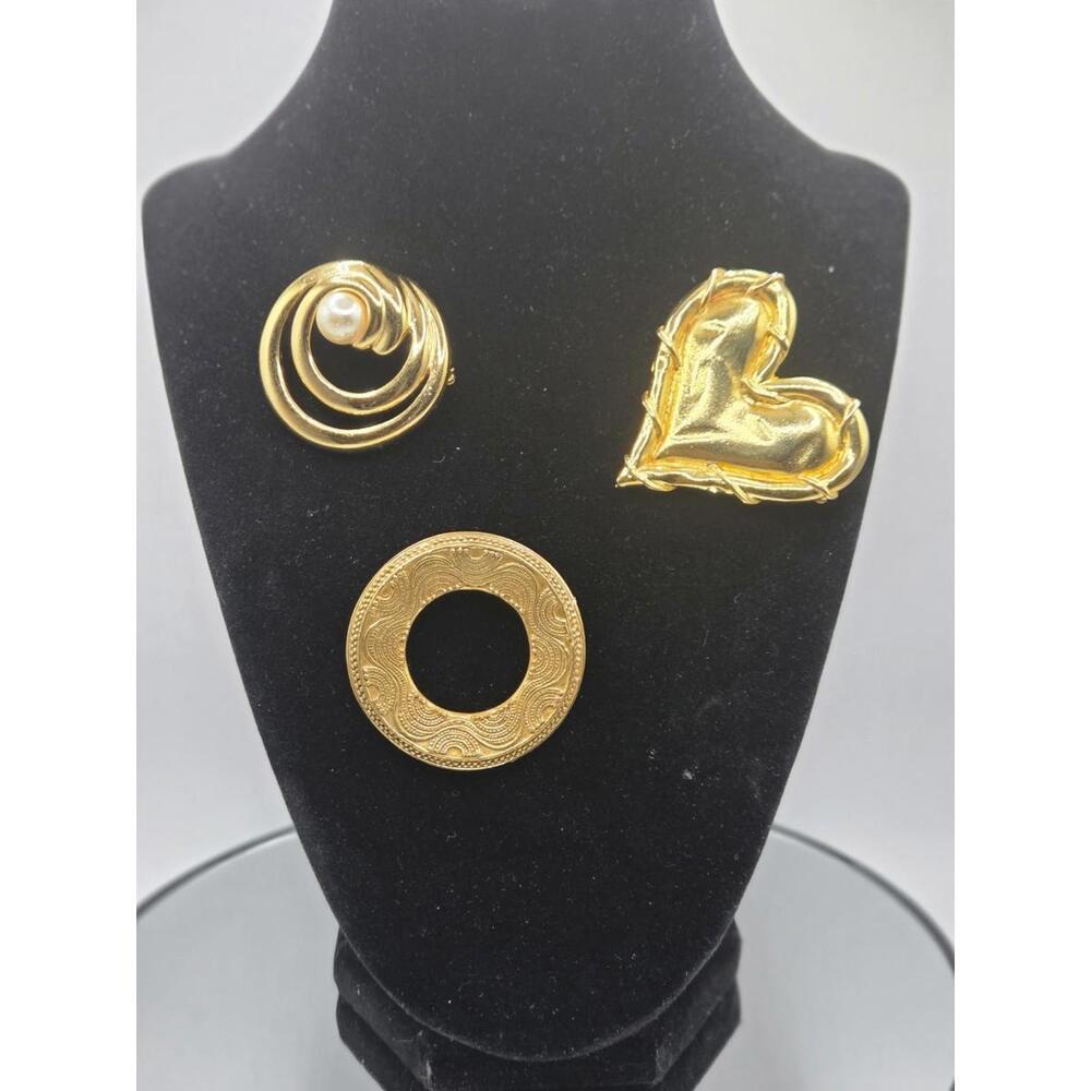 Vintage  Brooch Lot | Gold Tone Heart, Swirl with Faux Pearl,...